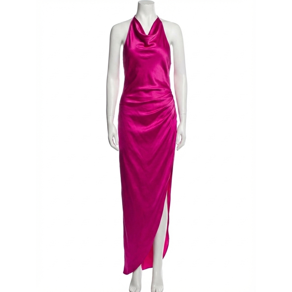 New Amanda Uprichard Elektra Gathered Silk Halter Gown In Dark Hot Pink